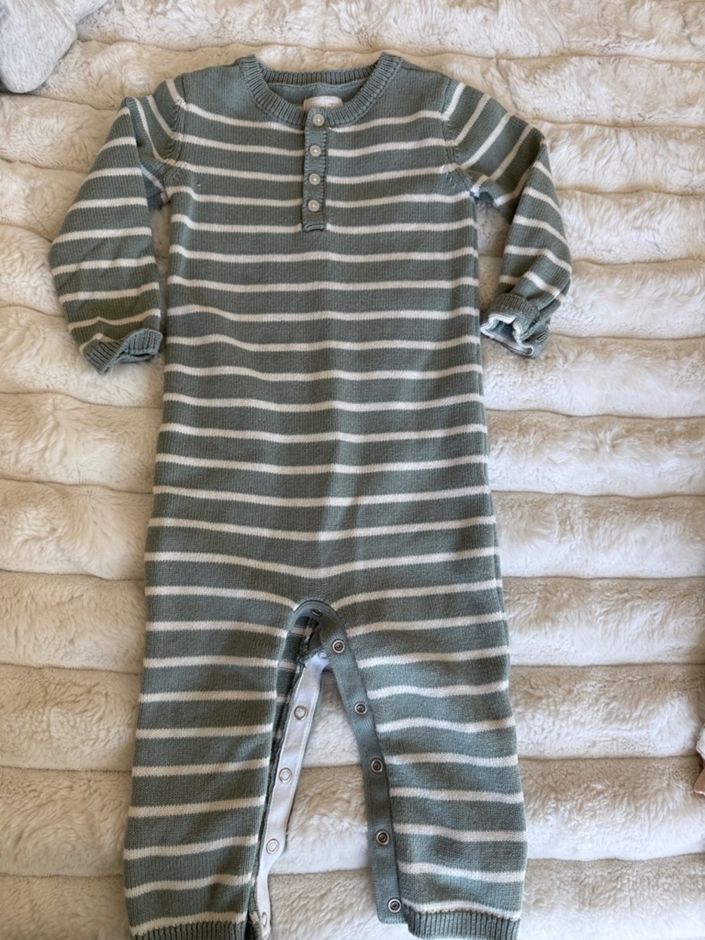 Striped Knit Baby One-Piece Romper in Sage and Cream
